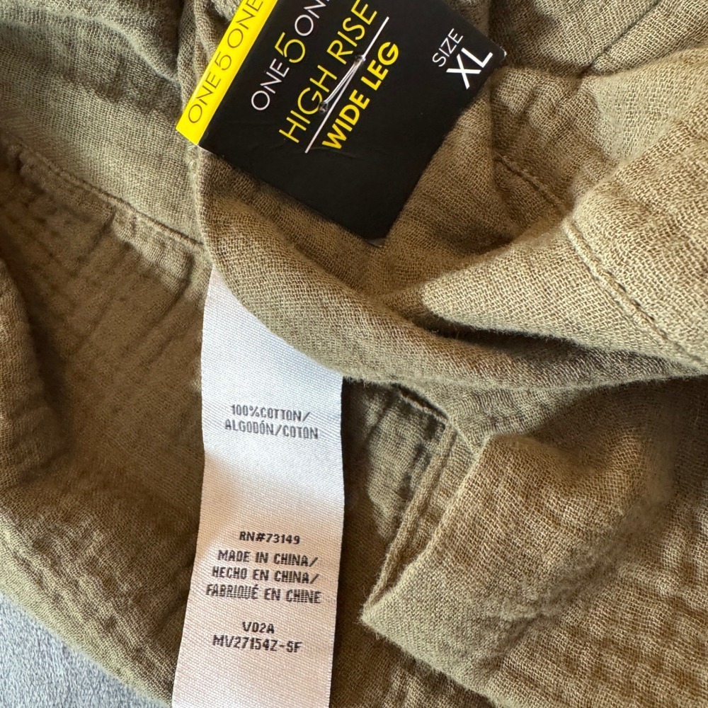 One5One Womens Wide Leg Pants XL Olive Green Cotton Gauze Crinkle Coastal Boho - Picture 5 of 8